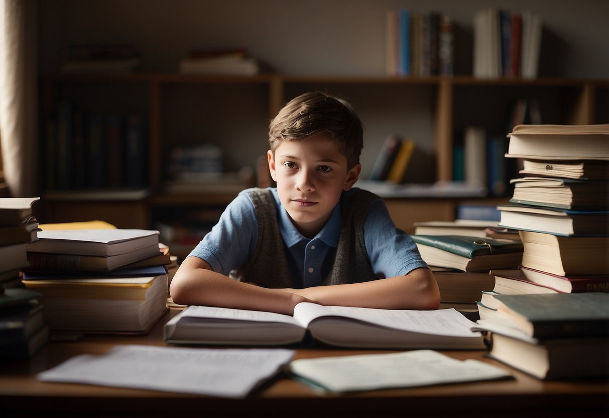 An 11-year-old boy sits slouched at a cluttered desk, surrounded by school books and unfinished homework. The room is dimly lit, with a small window letting in a sliver of sunlight