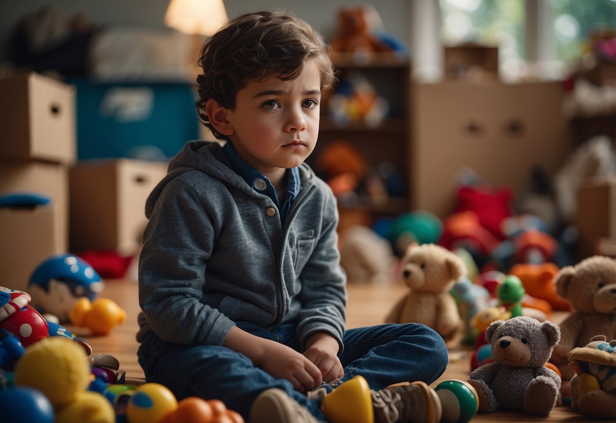 A boy sits alone, surrounded by scattered toys. His furrowed brow and slumped posture convey his moodiness. A parent's concerned gaze lingers from a distance