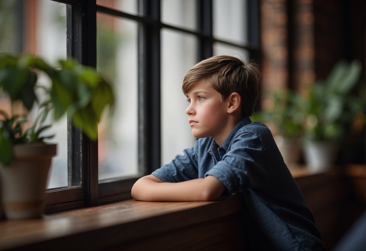 A 10-year-old boy with furrowed brows and crossed arms, looking out a window with a pensive expression