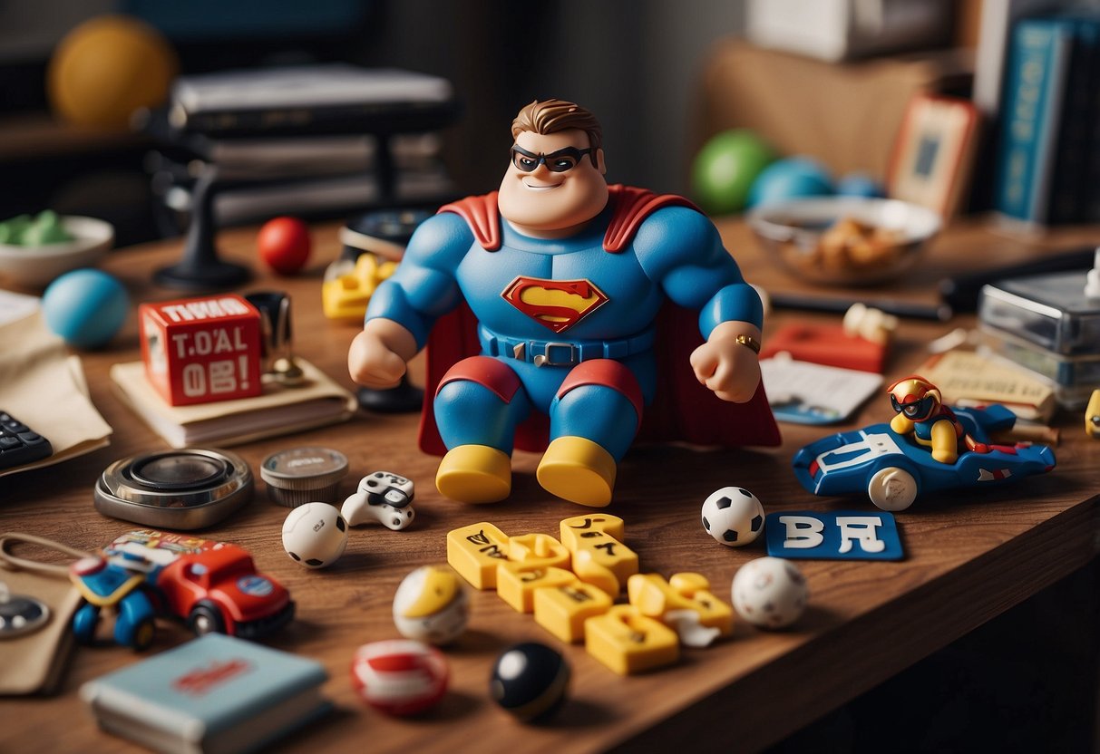 A cluttered desk with scattered toys and a half-eaten snack. A calendar with marked dates for sports and activities. A poster of a superhero with the caption "Be your best self."
