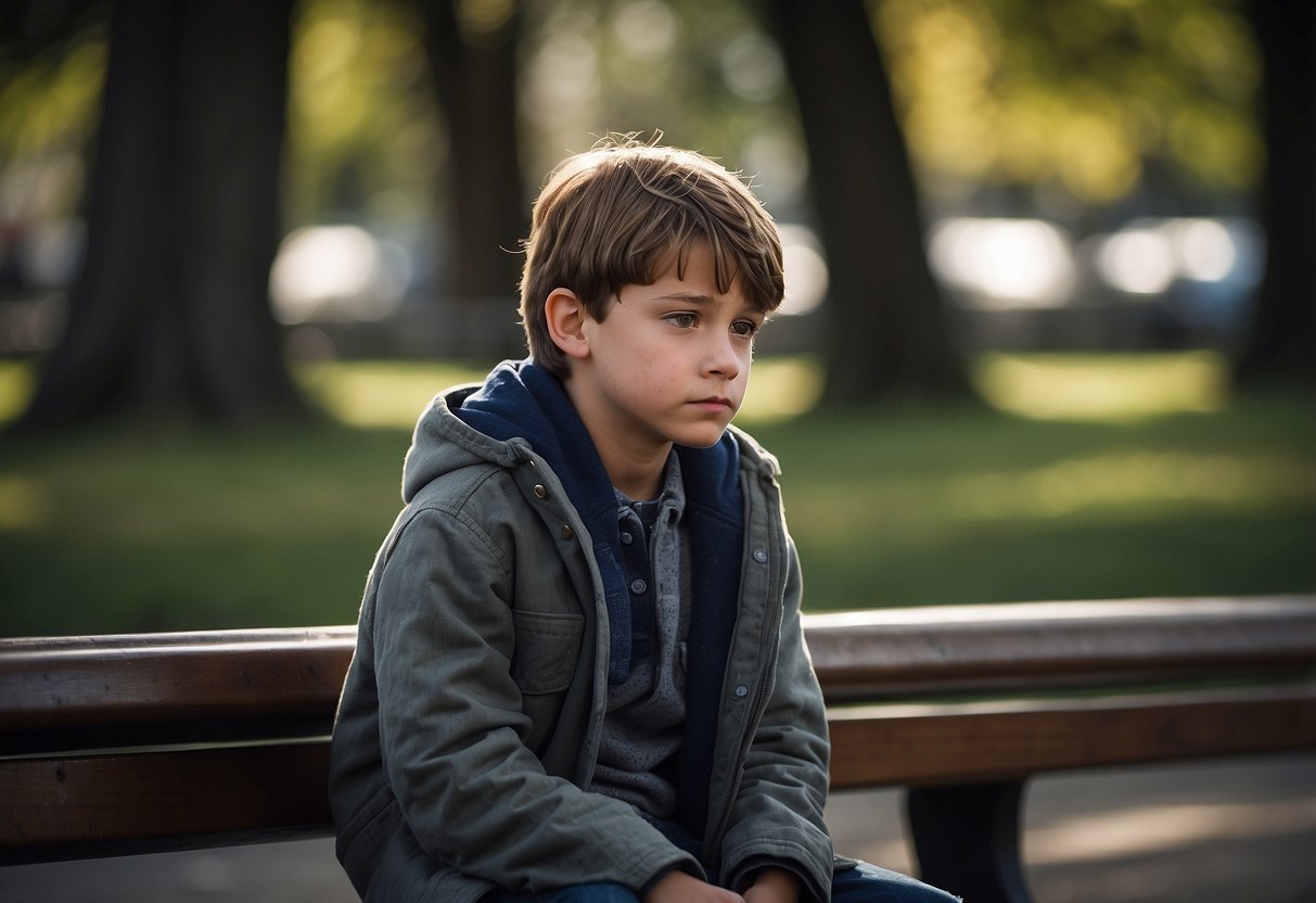 A 10-year-old boy sits alone on a bench, looking down with a frown on his face. His shoulders are slumped, and he appears lost in thought