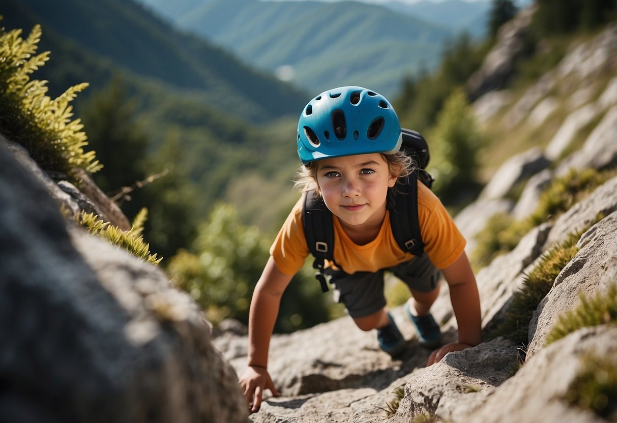 Children climbing a steep mountain, facing obstacles and dangers