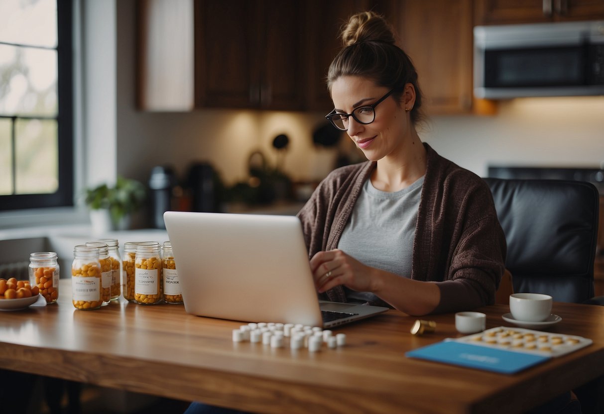 A woman researching pregnancy on a laptop surrounded by prenatal vitamins and a calendar