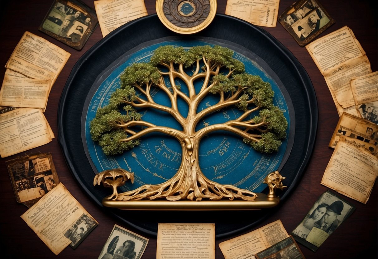 Historical records and cultural artifacts surround a tree of life, with branches representing the potential for multiple births