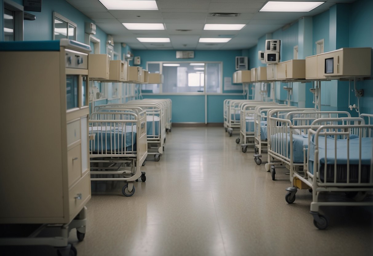 A hospital nursery with labeled cribs and staff checking identification bands