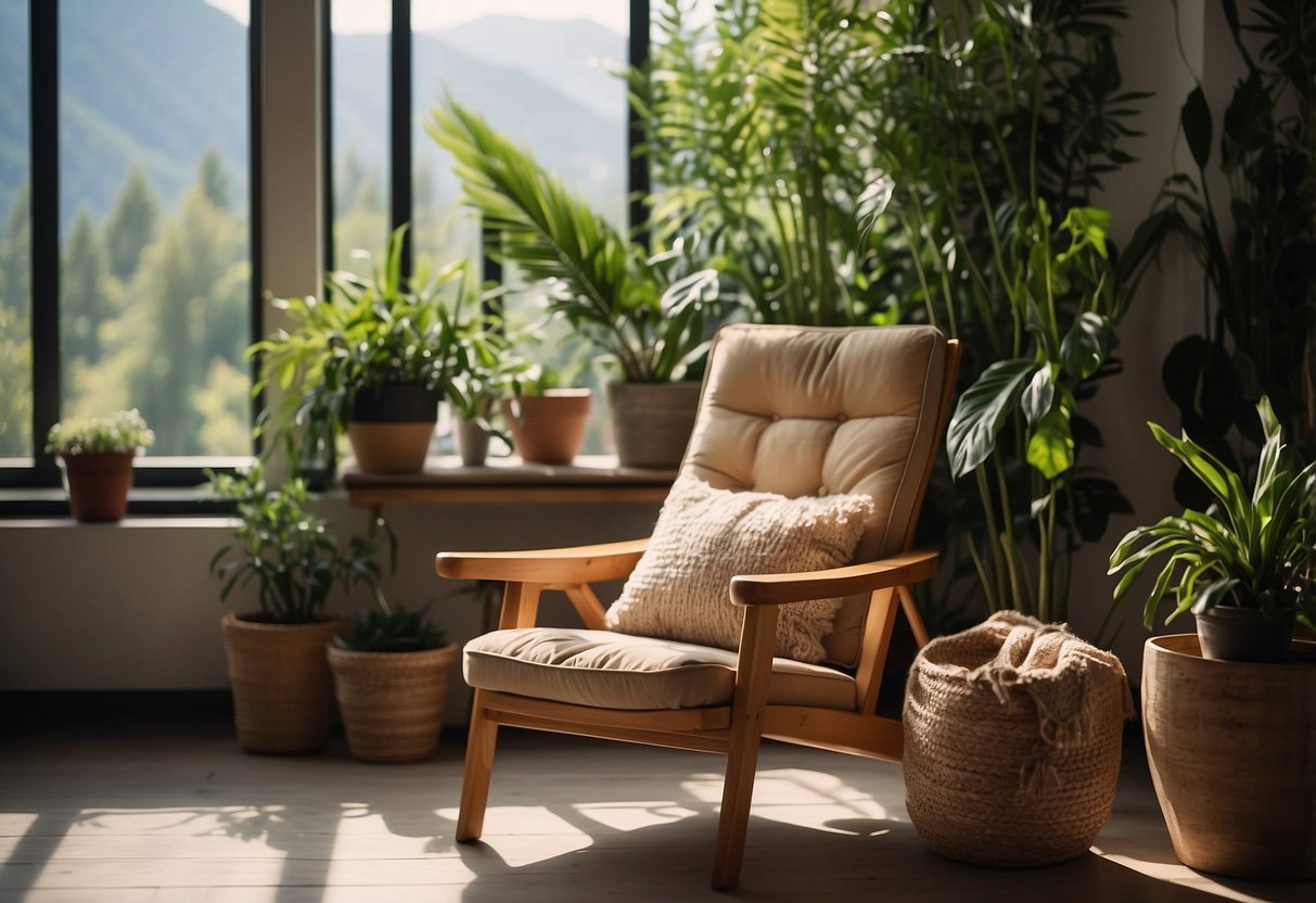 A serene, sunlit room with a cozy chair, plants, and a book on natural conception at 43. A peaceful atmosphere promoting well-being and relaxation