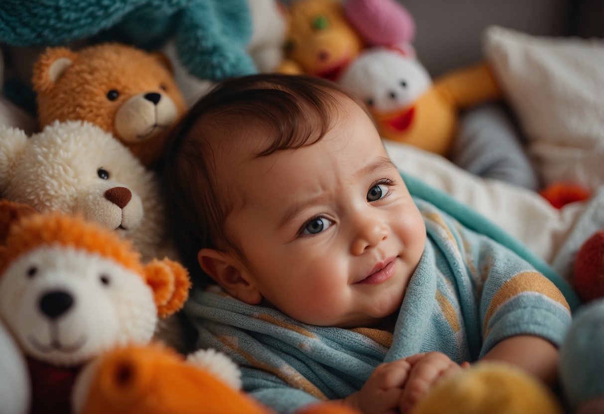 A baby's face with a smiling expression, surrounded by colorful toys and soft blankets, while a mother's lips approach for a gentle kiss