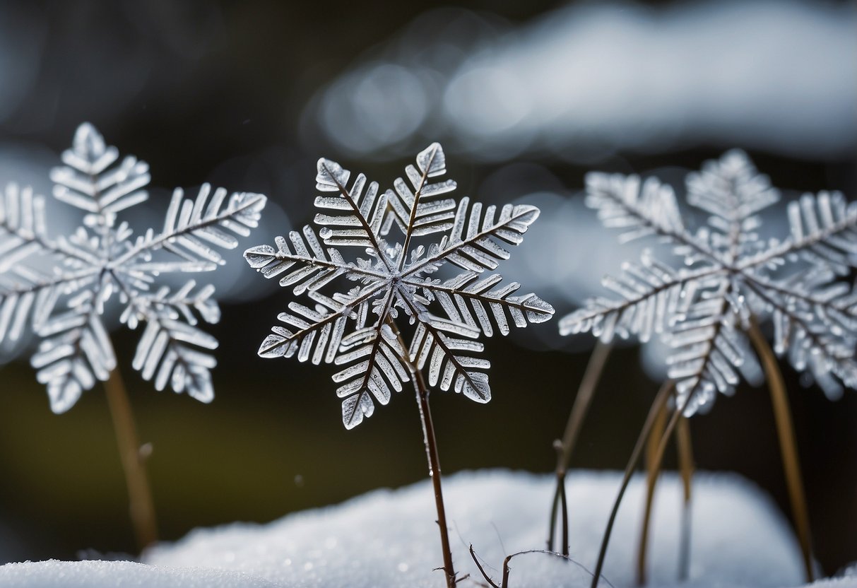 Two identical snowflakes fall from the sky, landing side by side on a leaf