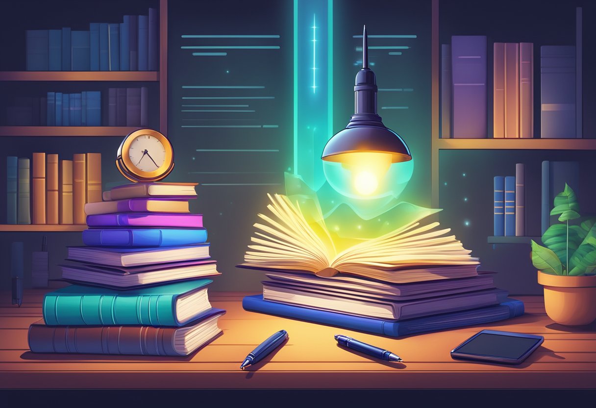 A stack of books with a glowing light above, surrounded by various digital devices and a pen, symbolizing the importance of quality content in a modern, technology-driven world