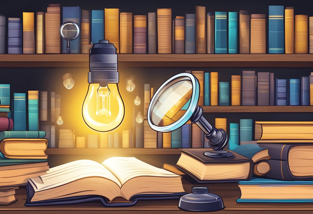 A glowing light bulb surrounded by books and a magnifying glass, representing the foundation and importance of quality content