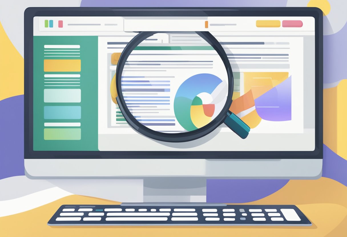 A computer screen displaying a website with engaging, informative content. A magnifying glass hovers over the screen, symbolizing search engine optimization