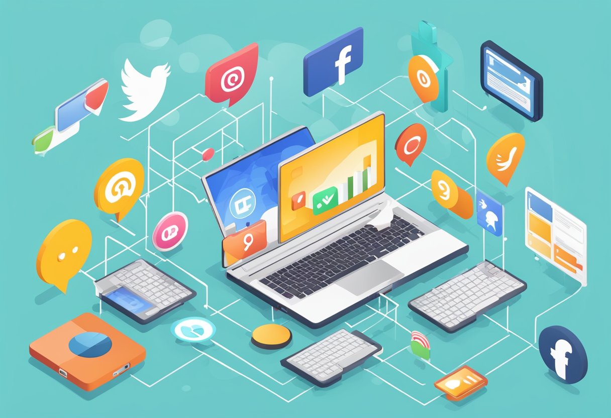 A laptop surrounded by various social media icons, with a graph showing increasing engagement