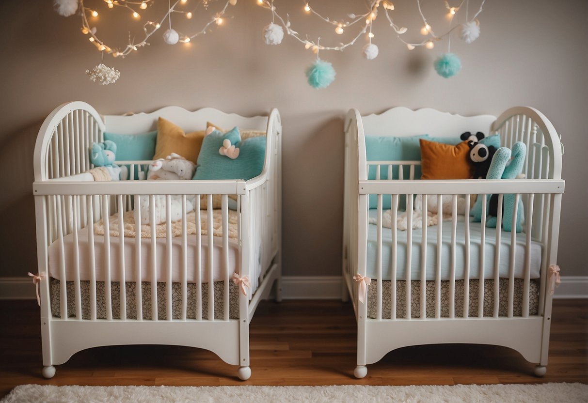 Two baby cribs with matching bedding, surrounded by twin-themed decor and books on twin pregnancy and birth