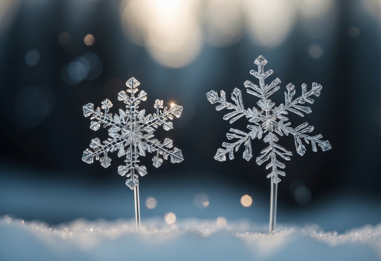 Two identical snowflakes falling side by side, showcasing the rare occurrence of twinning in nature