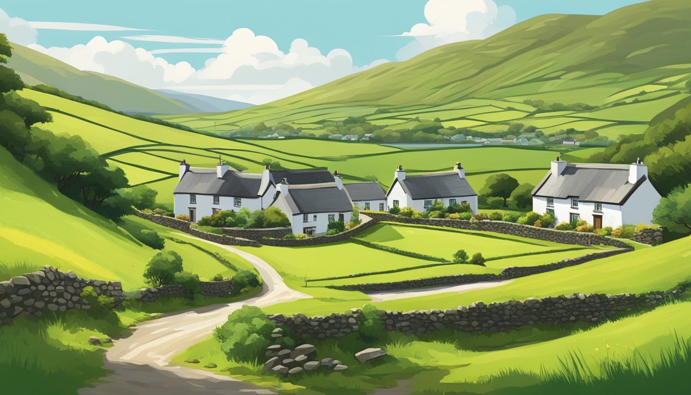 Lush green landscape with traditional thatched cottages, surrounded by rolling hills and the sound of Irish language spoken in County Kerry