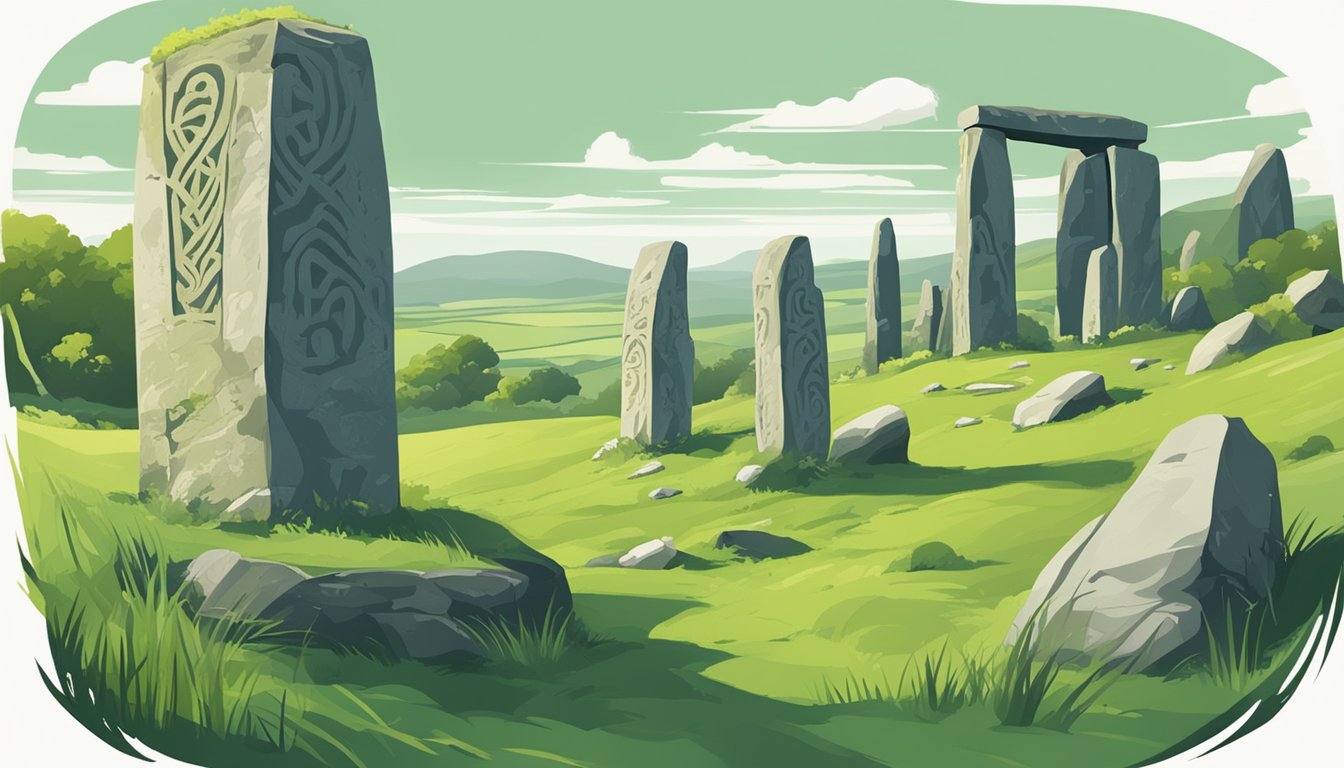 Lush green landscape with ancient stone ruins, Gaelic script carved into standing stones, traditional Irish music heard in the distance