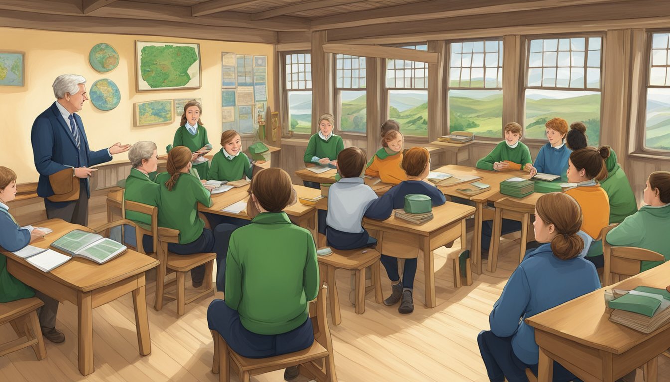 A traditional Irish language classroom in County Kerry, with students engaged in conversation and surrounded by cultural artifacts and educational materials