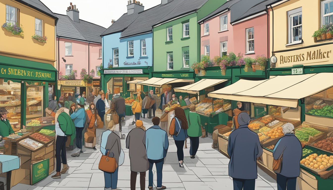 A bustling market in County Kerry, with signs and advertisements in Irish. People engaging in conversations in the native language, while media outlets broadcast in Irish