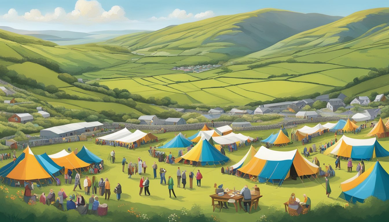 Vibrant festival tents, traditional music, and Gaelic signage fill the County Kerry landscape, showcasing the rich impact of the Irish language on local culture