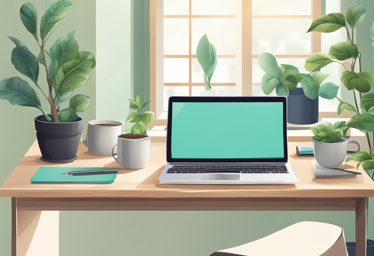 A computer desk with a laptop, notebook, and pen. A cozy workspace with a plant and a cup of coffee