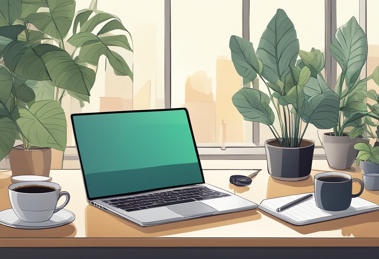 A laptop open on a desk with a notepad and pen beside it, a plant in the background, and a cup of coffee on the side