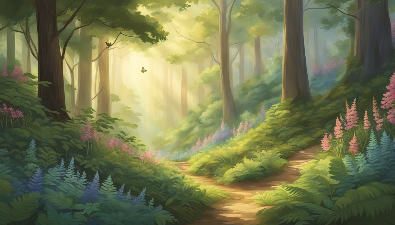 Sunlight filters through the dense forest canopy, illuminating a winding trail lined with vibrant wildflowers and lush ferns. Butterflies flit among the trees, and the air is filled with the soft sound of trickling streams