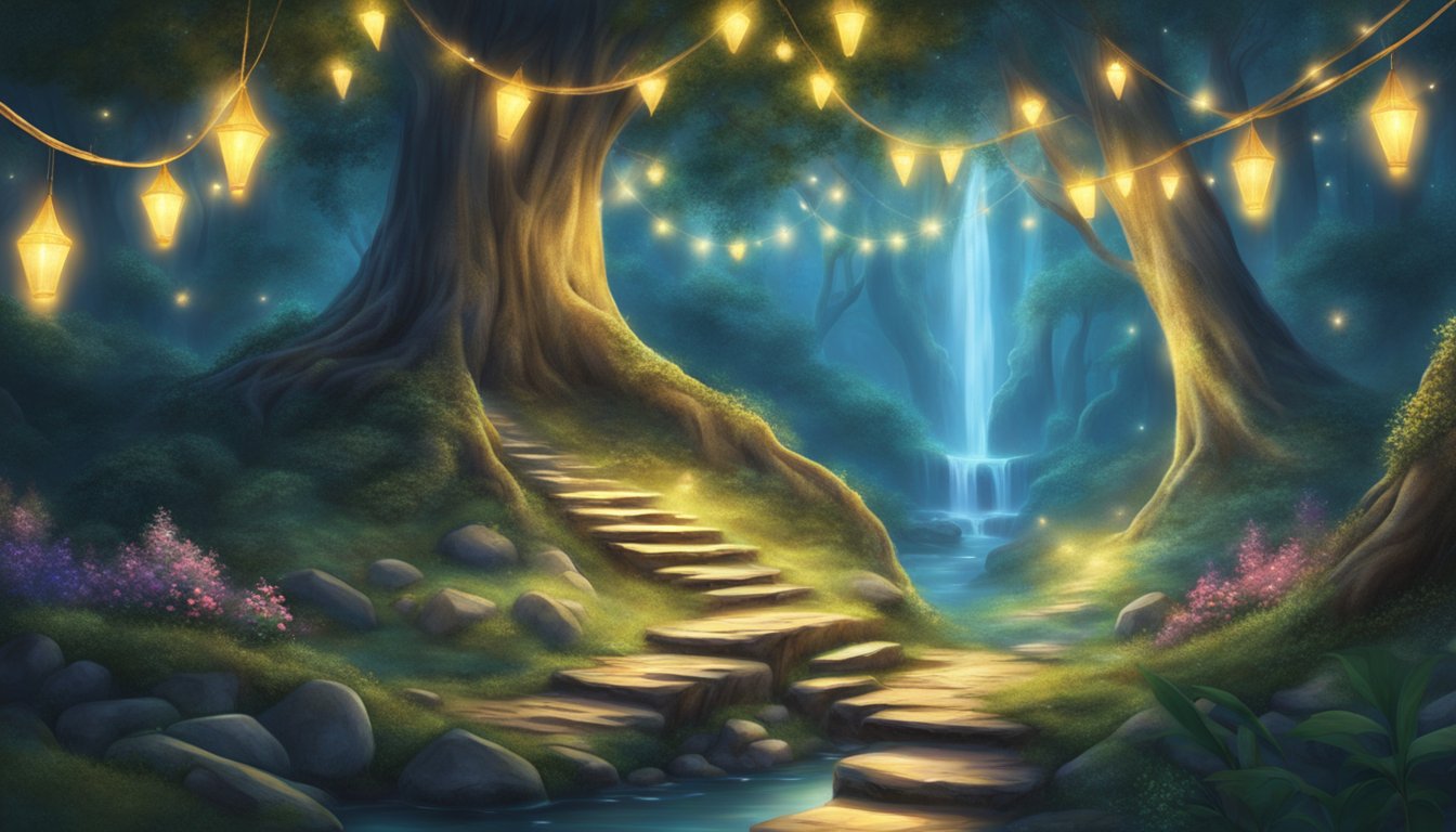 Luminous fairy lights twinkle among ancient trees, leading to a hidden waterfall. A mystical aura fills the air as woodland creatures gather for a festive celebration