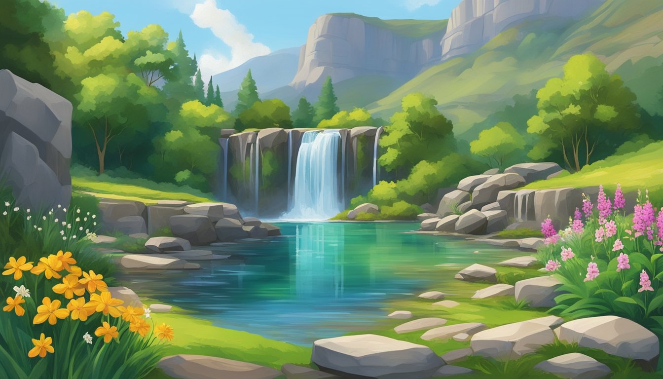A lush green landscape with a cascading waterfall surrounded by rocky cliffs and vibrant wildflowers. The water flows gracefully into a crystal-clear pool below, creating a serene and picturesque scene