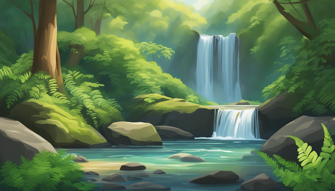 A cascading waterfall flows through lush greenery, surrounded by moss-covered rocks and ferns. The water glistens in the sunlight, creating a serene and picturesque scene