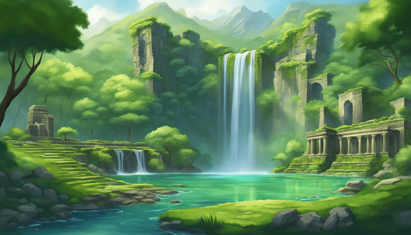 A lush green valley with a cascading waterfall surrounded by ancient stone ruins and moss-covered trees. The water flows gracefully into a crystal-clear pool below