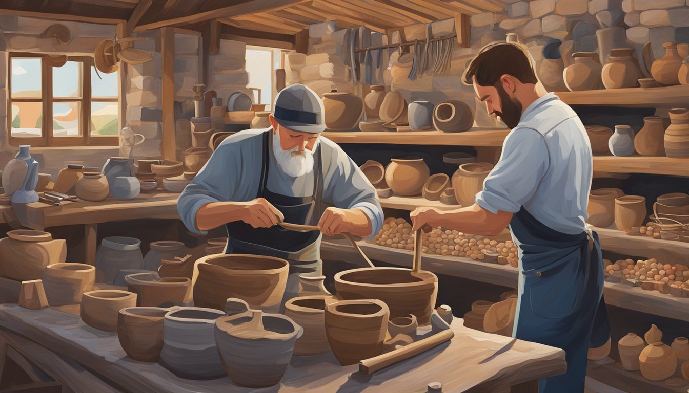Vibrant market stalls display intricate pottery, delicate lace, and colorful woven textiles in County Derry. A blacksmith hammers metal while a woodcarver carefully shapes a piece of local oak