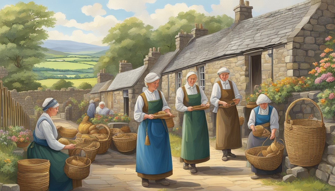 The scene depicts a variety of traditional crafts from County Derry, including intricate lace-making, vibrant textile weaving, and skilled pottery craftsmanship