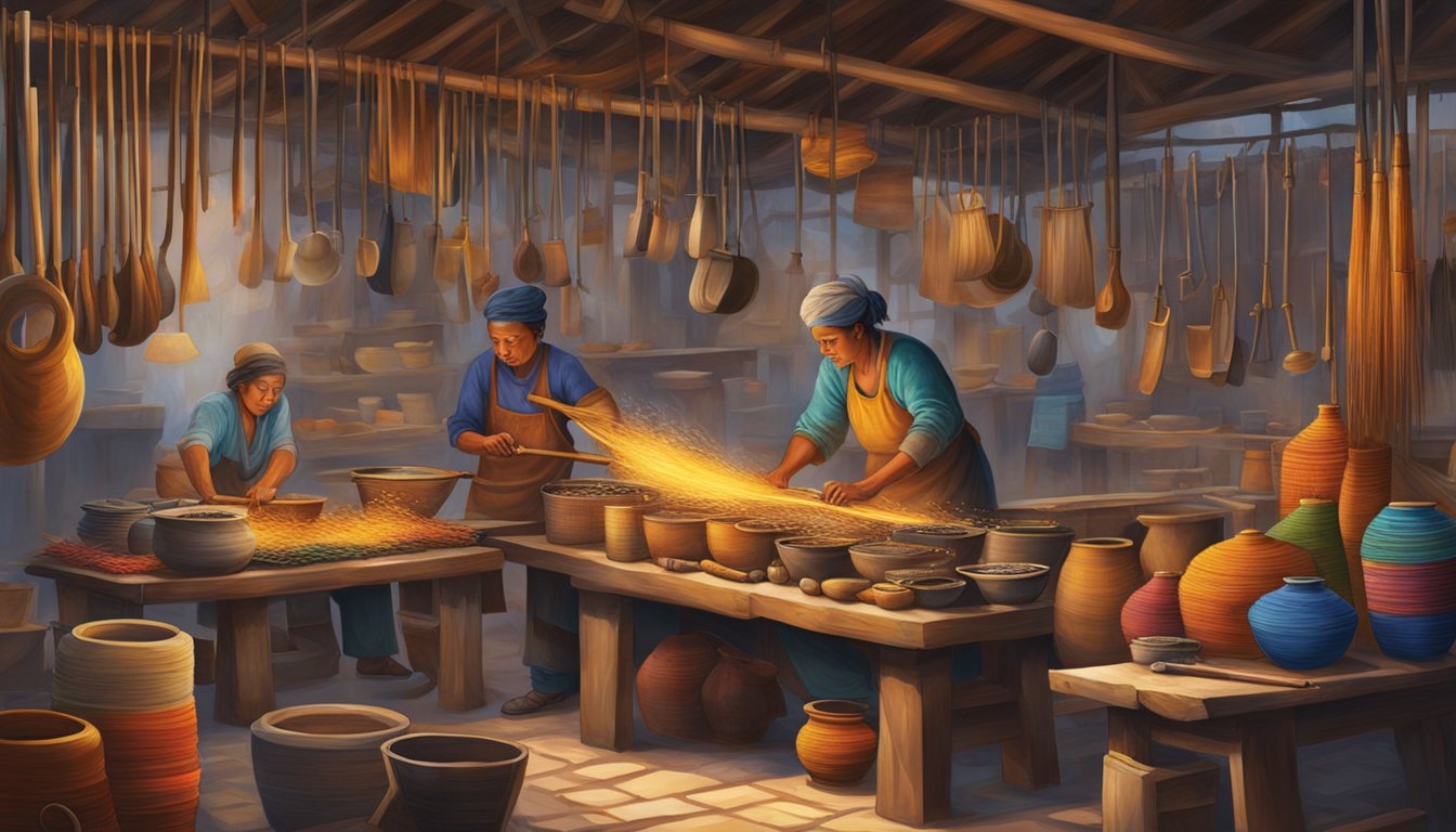 Vibrant market stalls display intricate textiles, pottery, and woodwork. A blacksmith hammers molten metal, while weavers expertly create colorful fabrics