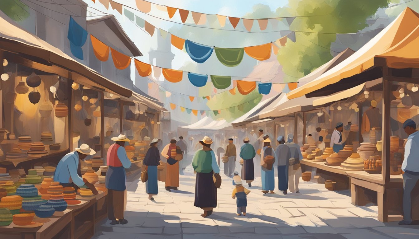 A bustling market square filled with vibrant stalls showcasing handcrafted pottery, intricate textiles, and skilled woodwork. The air is filled with the sounds of artisans demonstrating their traditional craft techniques