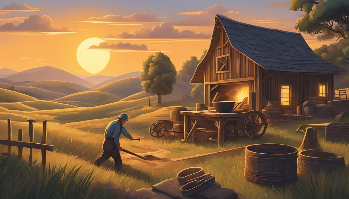 The sun sets behind rolling hills as a blacksmith hammers molten metal. Nearby, a weaver creates intricate patterns on a loom. In the distance, a woodworker carefully carves a piece of oak