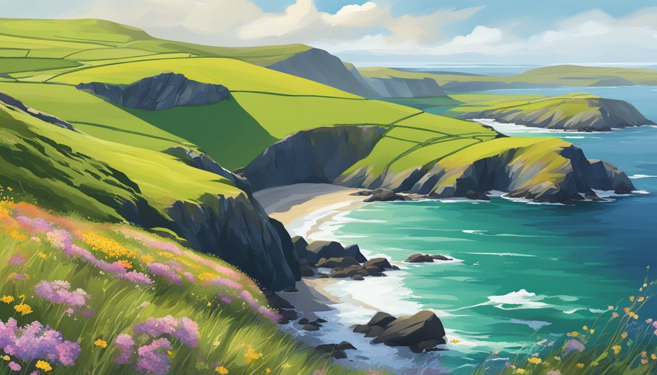 Rolling green hills meet the rugged coastline, with colorful wildflowers and roaming wildlife, creating a picturesque landscape in Ireland's national parks