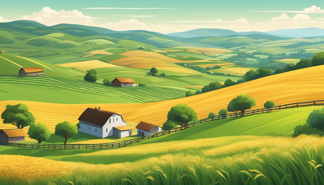 Rolling green hills dotted with grazing livestock, fields of golden barley swaying in the breeze, and traditional farmhouses nestled among the landscape