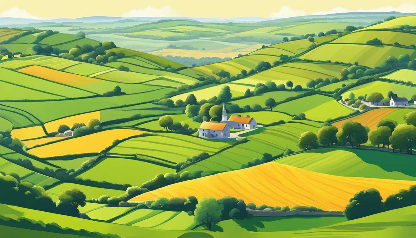 Rolling green hills dotted with grazing livestock, fields of vibrant crops, and traditional farmhouses nestled in the countryside of County Wexford, Ireland