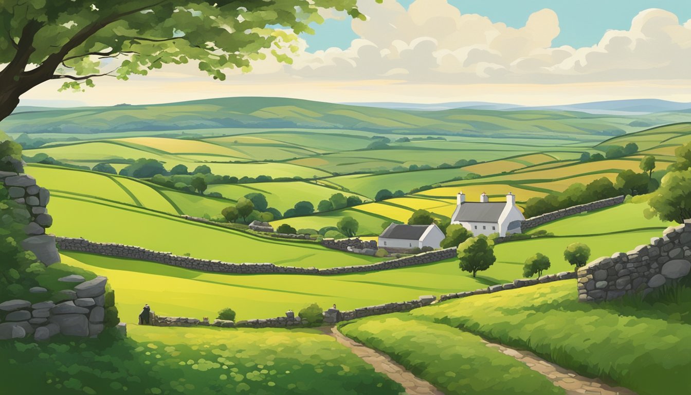 Lush green fields stretch to the horizon, bordered by ancient stone walls. A traditional Irish farmhouse stands proudly in the distance, surrounded by grazing livestock and a patchwork of vibrant crops