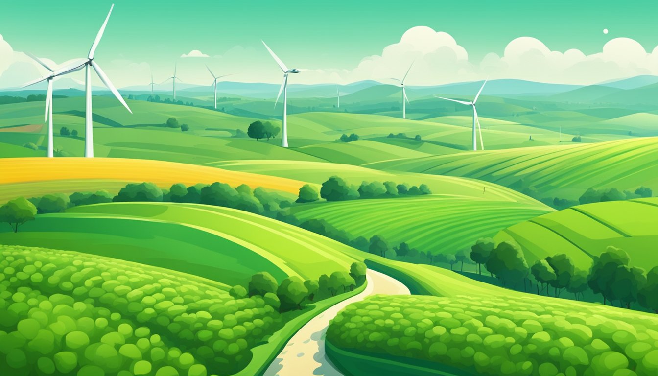 Lush green fields stretch to the horizon, dotted with modern farming equipment. Wind turbines tower over the landscape, symbolizing sustainable energy practices