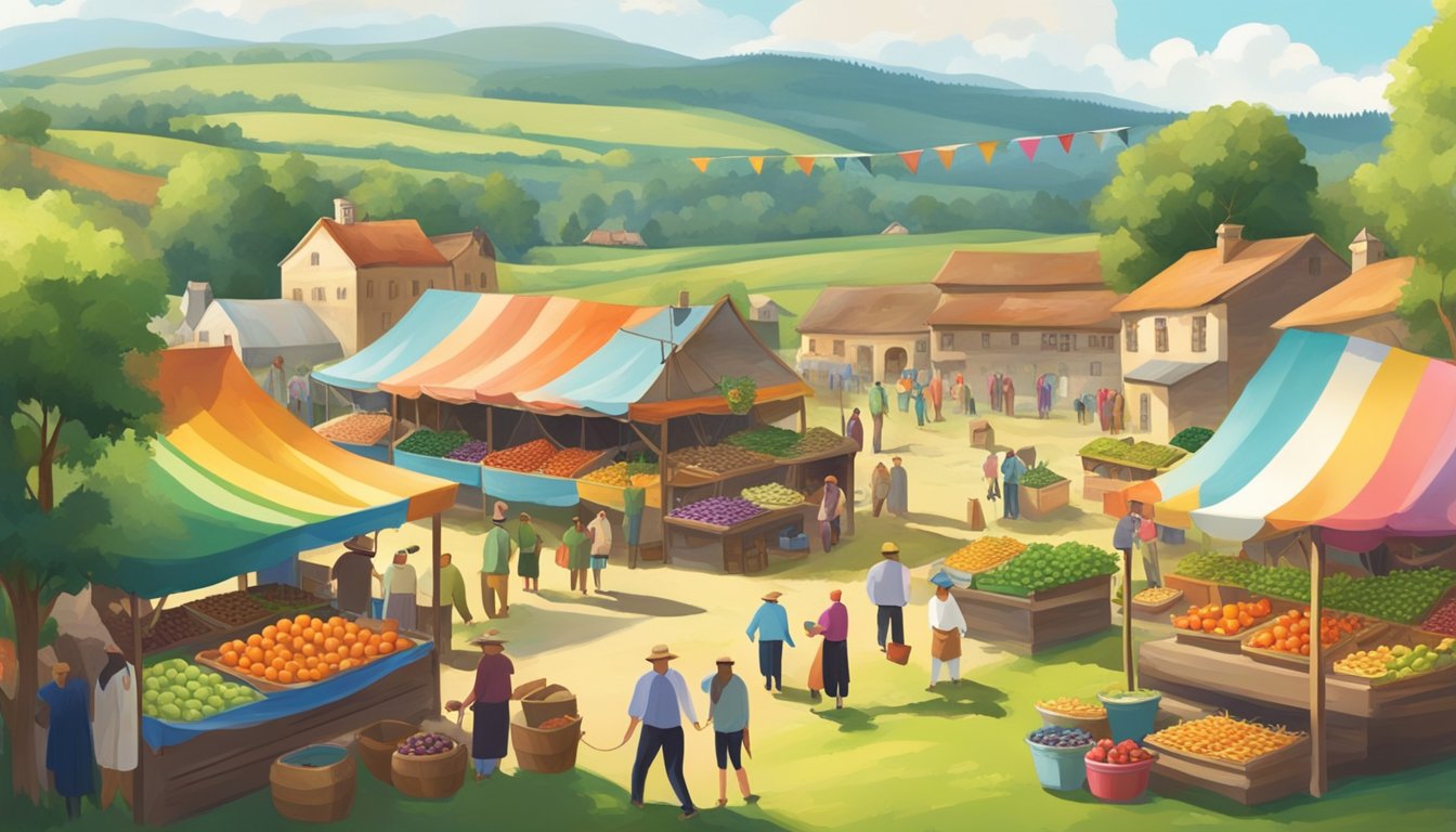 Vibrant market stalls display fresh produce and artisan goods. Festive atmosphere with traditional music and dancing. A backdrop of rolling green hills and historic farm buildings