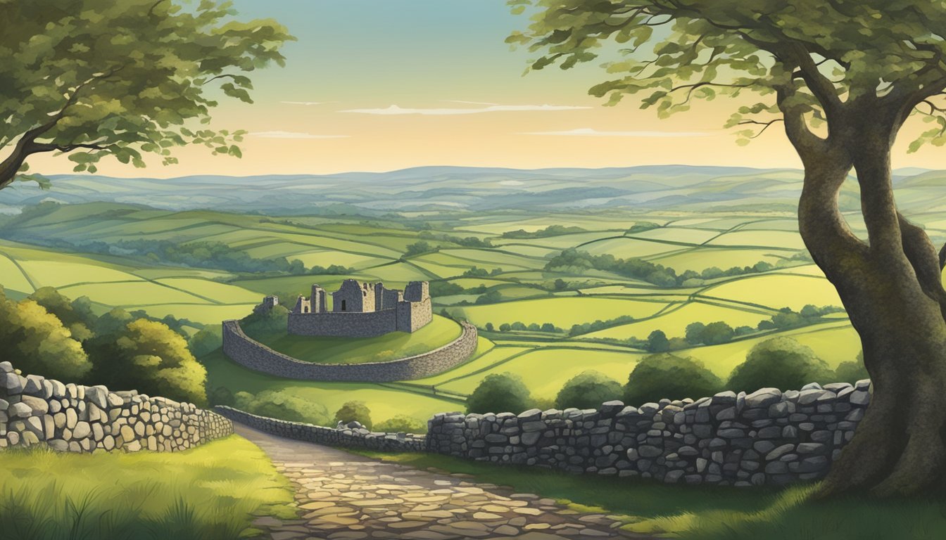 Rolling hills dotted with apple orchards stretch into the distance, while ancient stone ruins stand as silent witnesses to the rich history of County Armagh