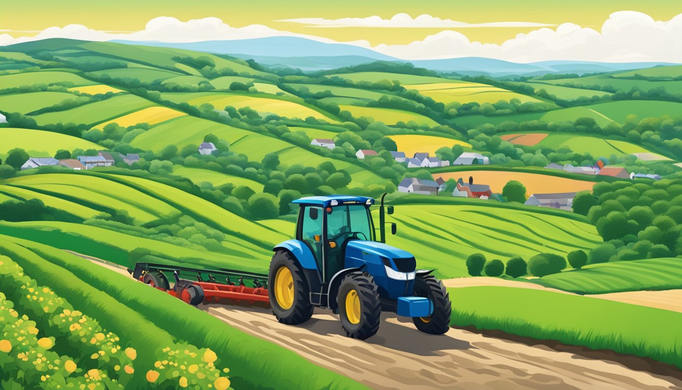 Lush green orchards stretch across County Armagh, with rolling hills in the background. A tractor plows a field, while apple trees blossom in the foreground