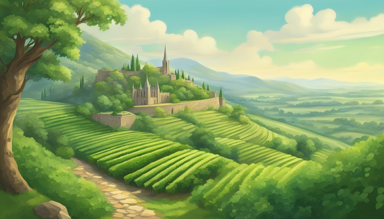 Lush green orchards stretching across rolling hills, ancient stone ruins dotting the landscape, and a majestic cathedral standing tall in the distance