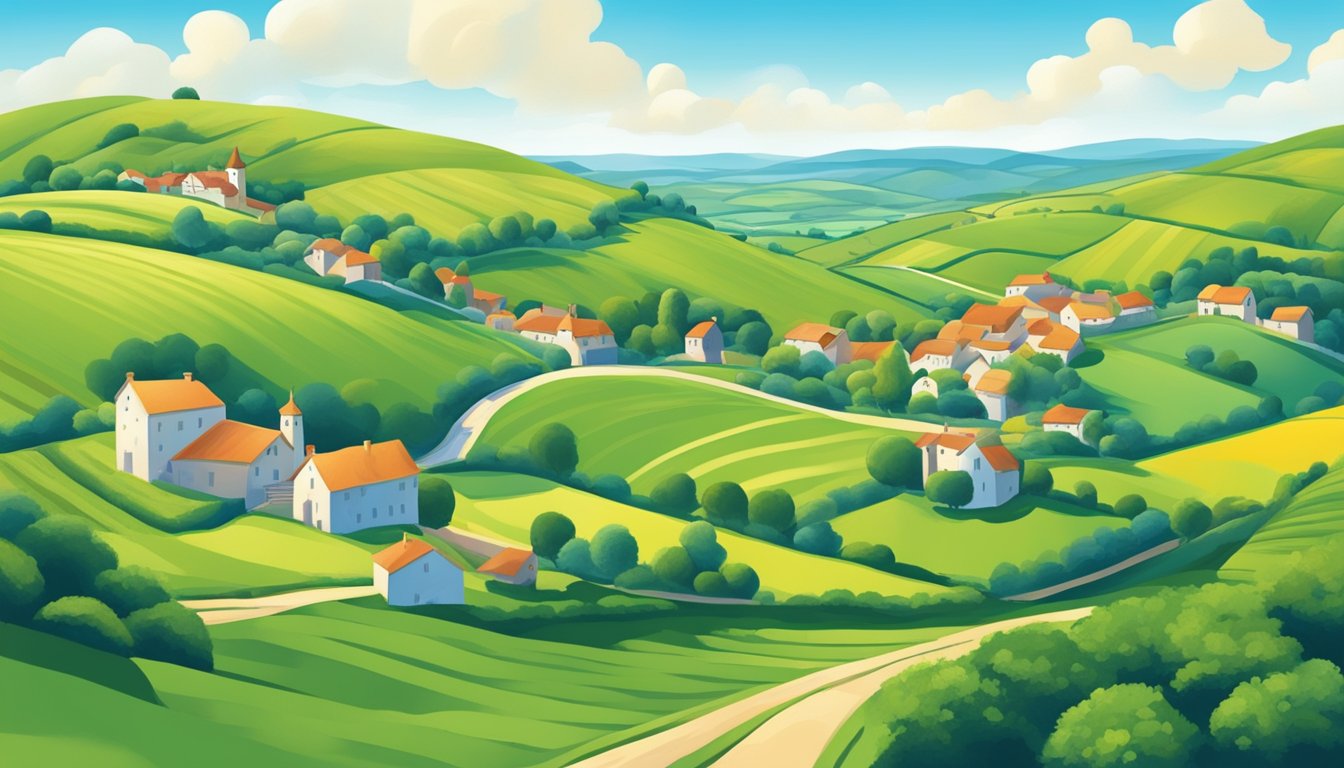 Rolling hills, lush green fields, and winding country roads leading to quaint villages and historic sites. Blue skies and the occasional glimpse of the sea