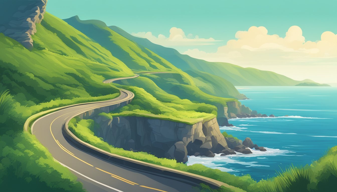 A winding coastal road cuts through lush green hills, with the sparkling blue sea on one side and rugged cliffs on the other