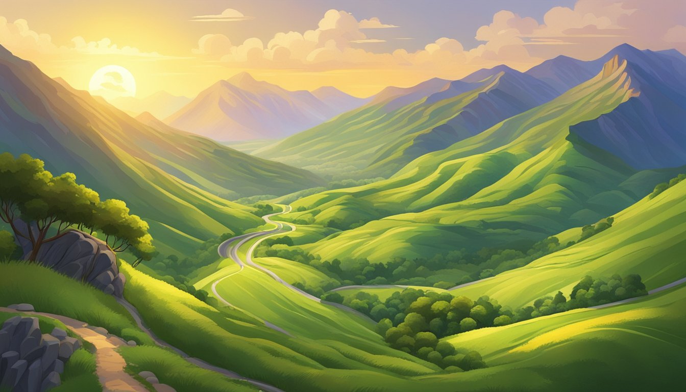 Lush green valleys wind between rugged mountain peaks, with winding roads snaking through the picturesque landscape. The sun casts a warm glow over the scene, highlighting the vibrant colors of the countryside