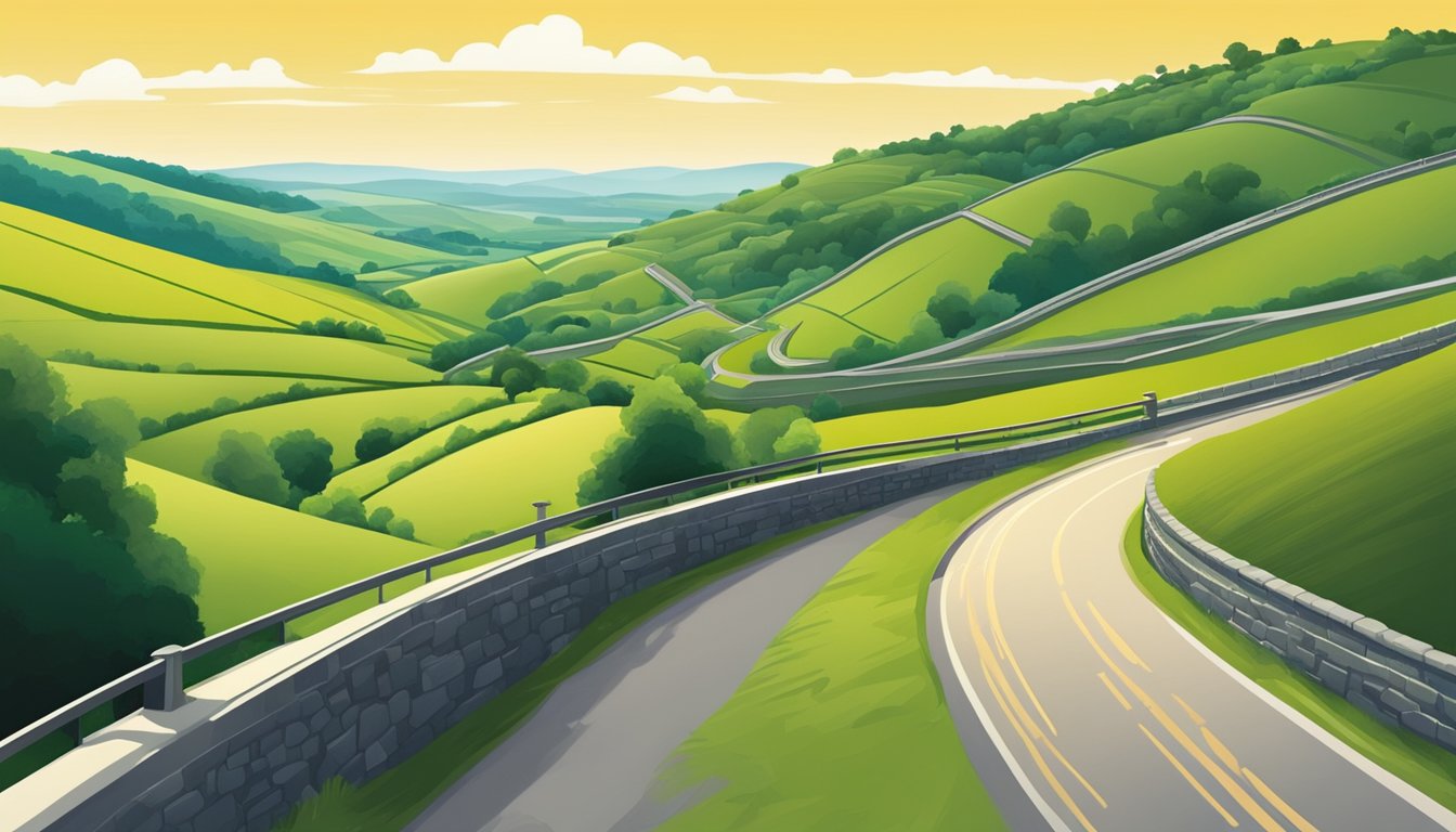 Rolling hills and winding roads lead to steep inclines in the Irish countryside, with lush greenery and scenic views along the challenging cycling routes