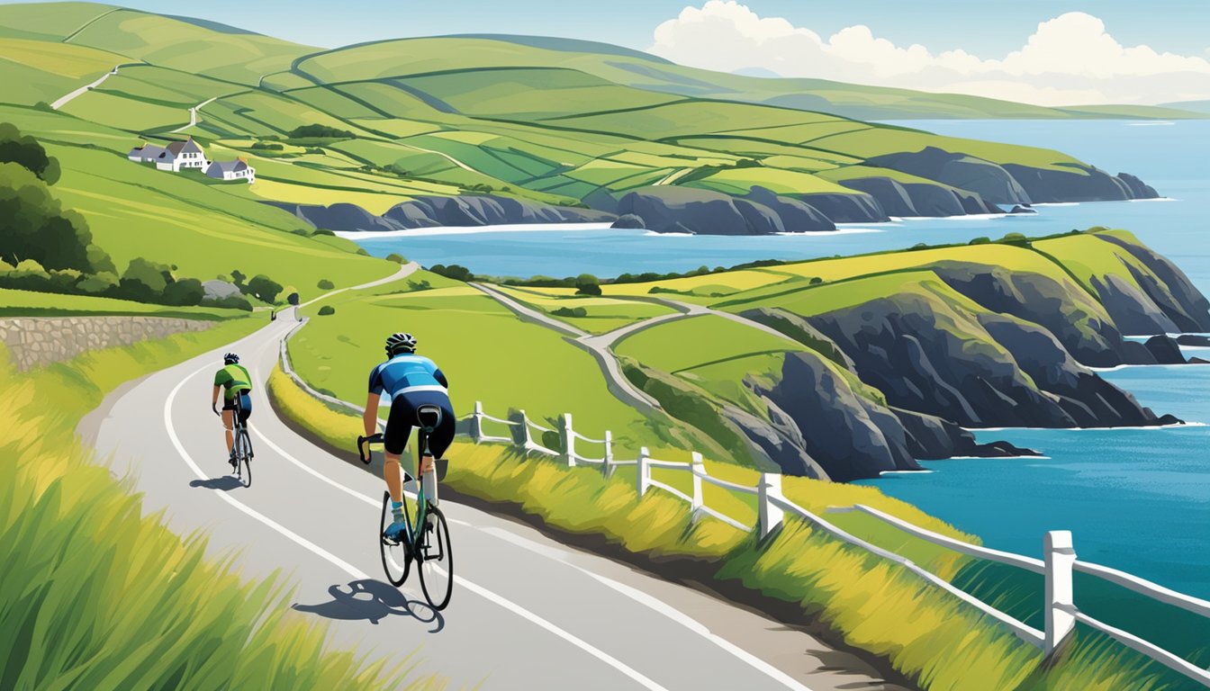 Rolling hills, lush green landscapes, winding coastal roads, and charming rural villages. A cyclist enjoying the scenic beauty of Ireland's best cycling routes outside Dublin