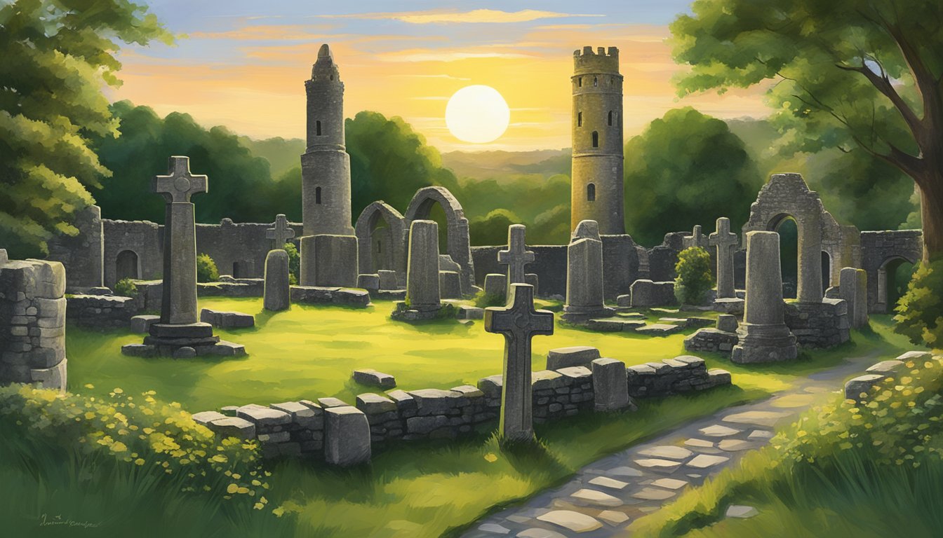 The sun sets behind the ancient ruins of Monasterboice, casting a warm glow over the weathered stone crosses and towering round tower. The lush green landscape stretches out to the horizon, framing the historic site in timeless beauty